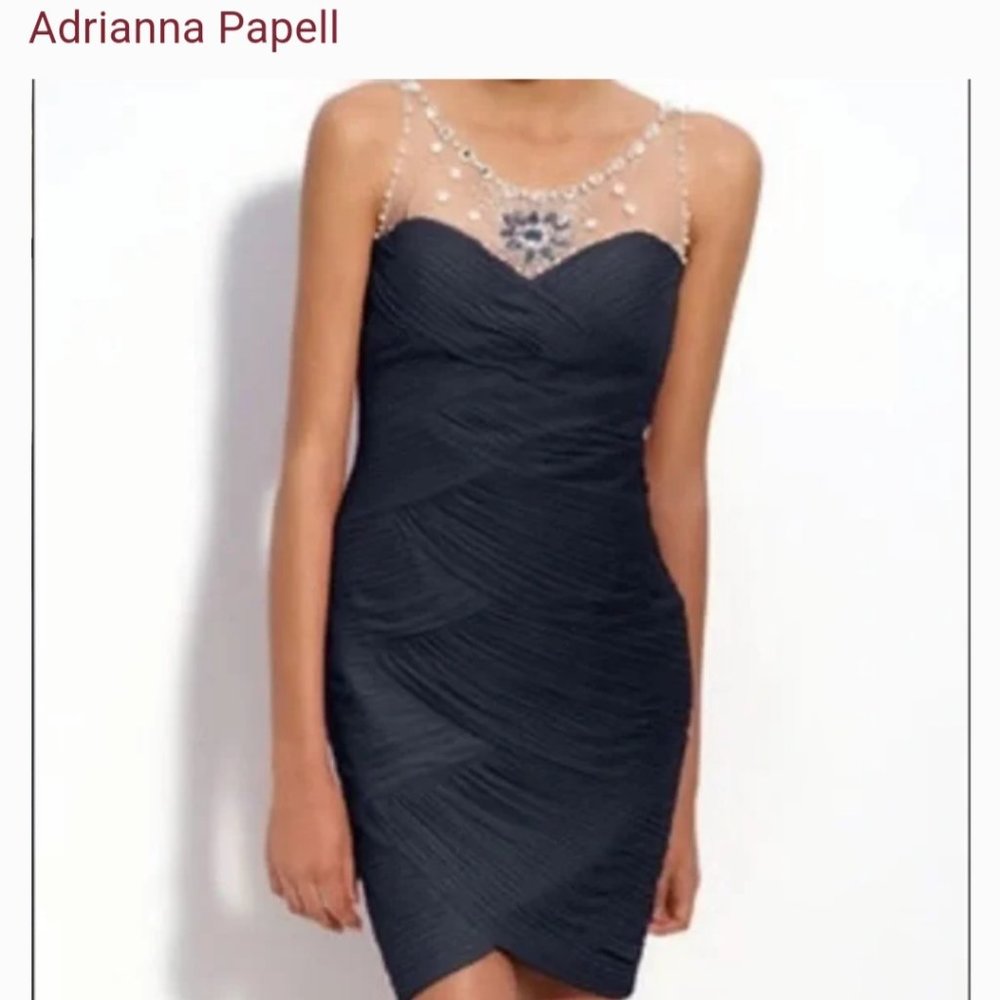 Adrianna Papell embellished beaded navy mesh pleated cocktail dress 2 petite